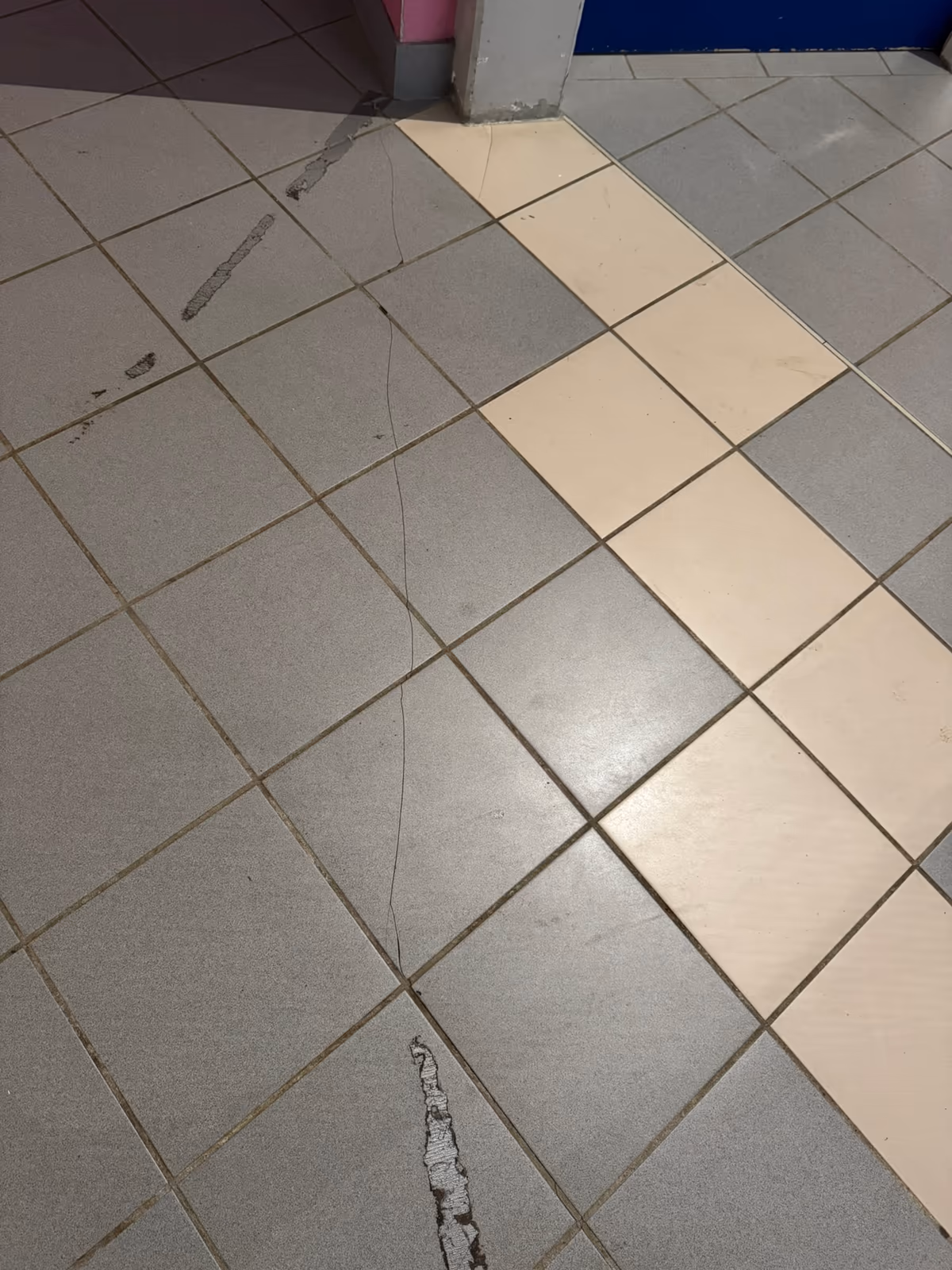 Carrelage de sol gris traversé par une fissure fine et continue qui passe d'un carreau à l'autre sans suivre les joints