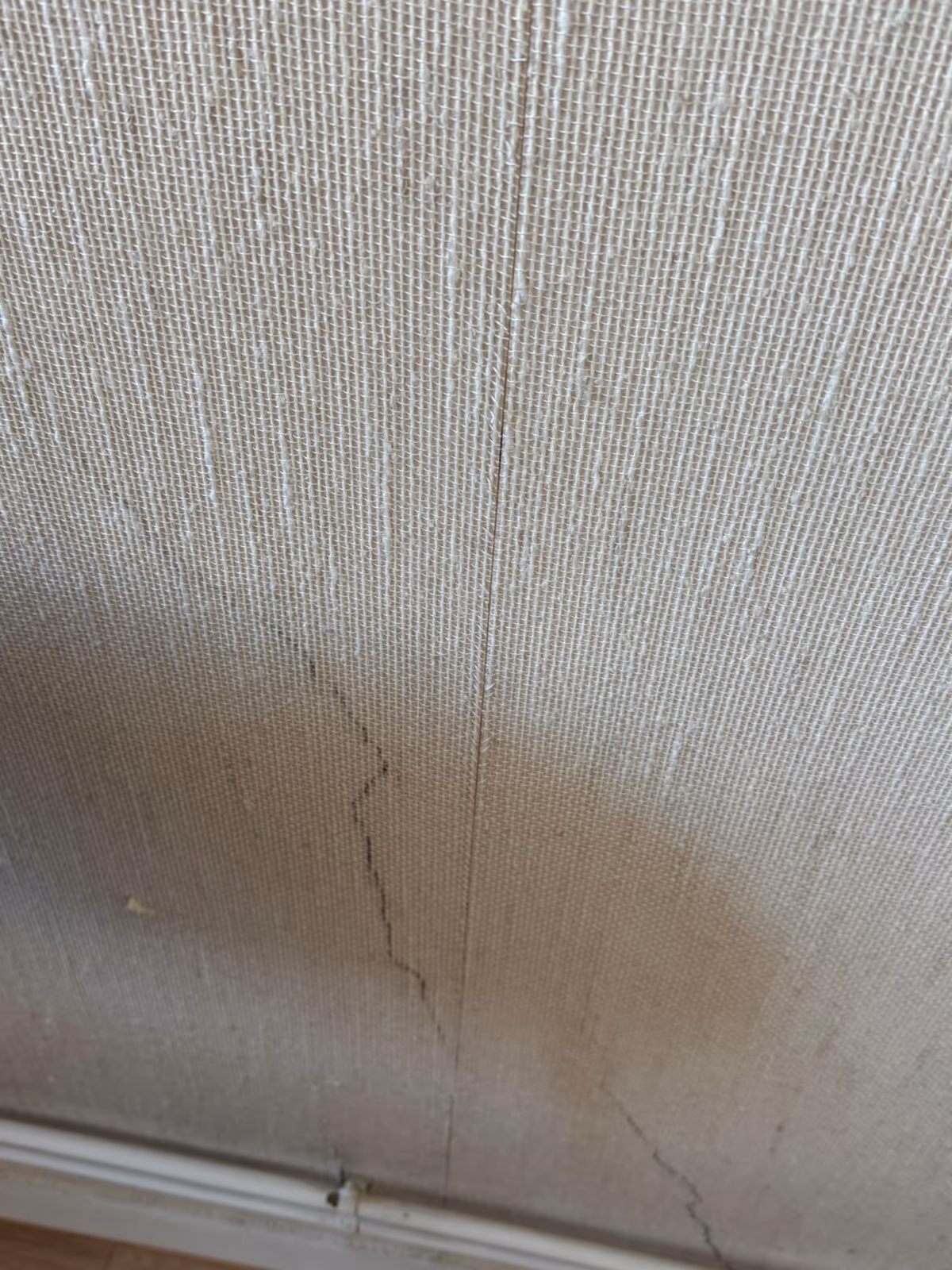 Auréole brune d'humidité sur un revêtement à relief, traversée par une fissure fine, au-dessus d'une baguette de finition
