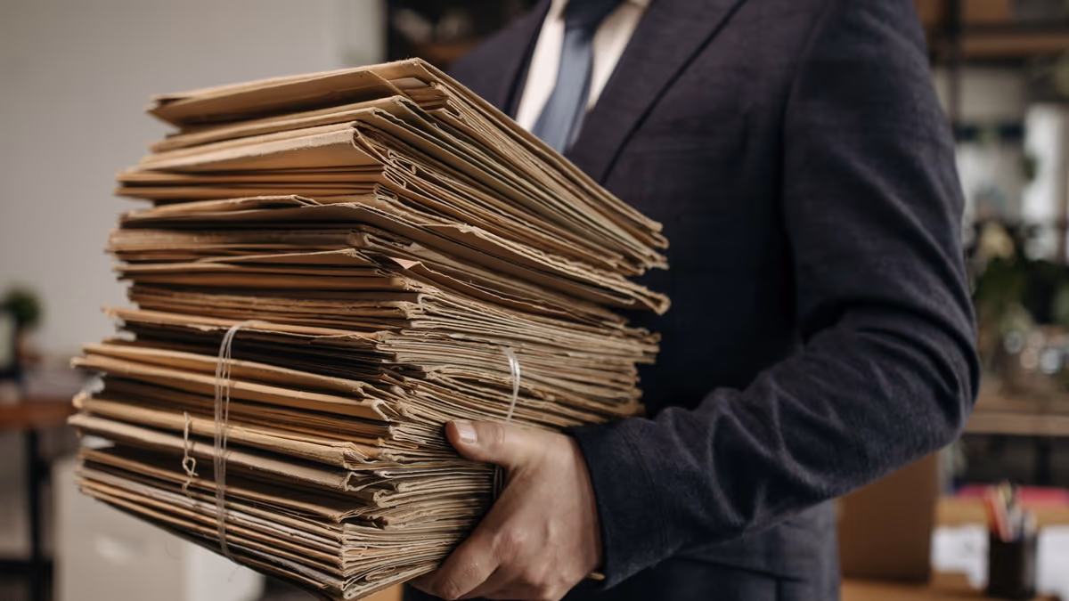 Liasse épaisse de dossiers cartonnés liés par une ficelle, portée à bras par une personne en costume dans un bureau