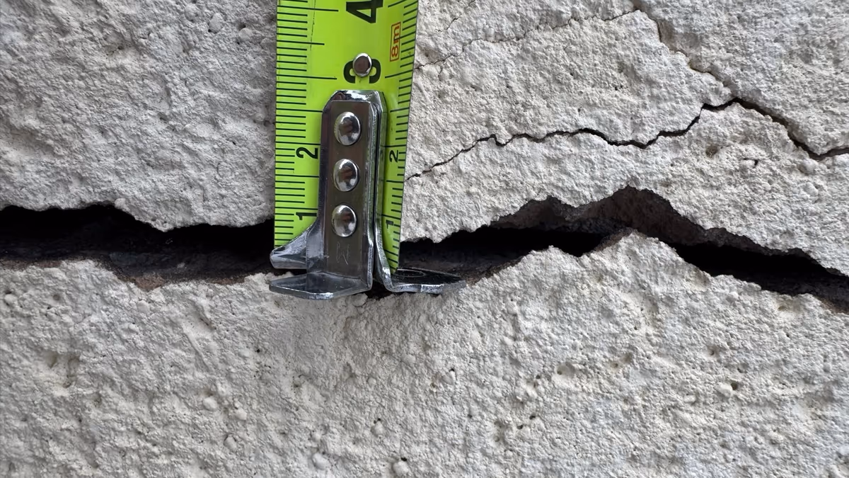 Mètre ruban glissé dans une fissure horizontale largement ouverte d'un enduit de façade, d'où partent des fissures secondaires plus fines