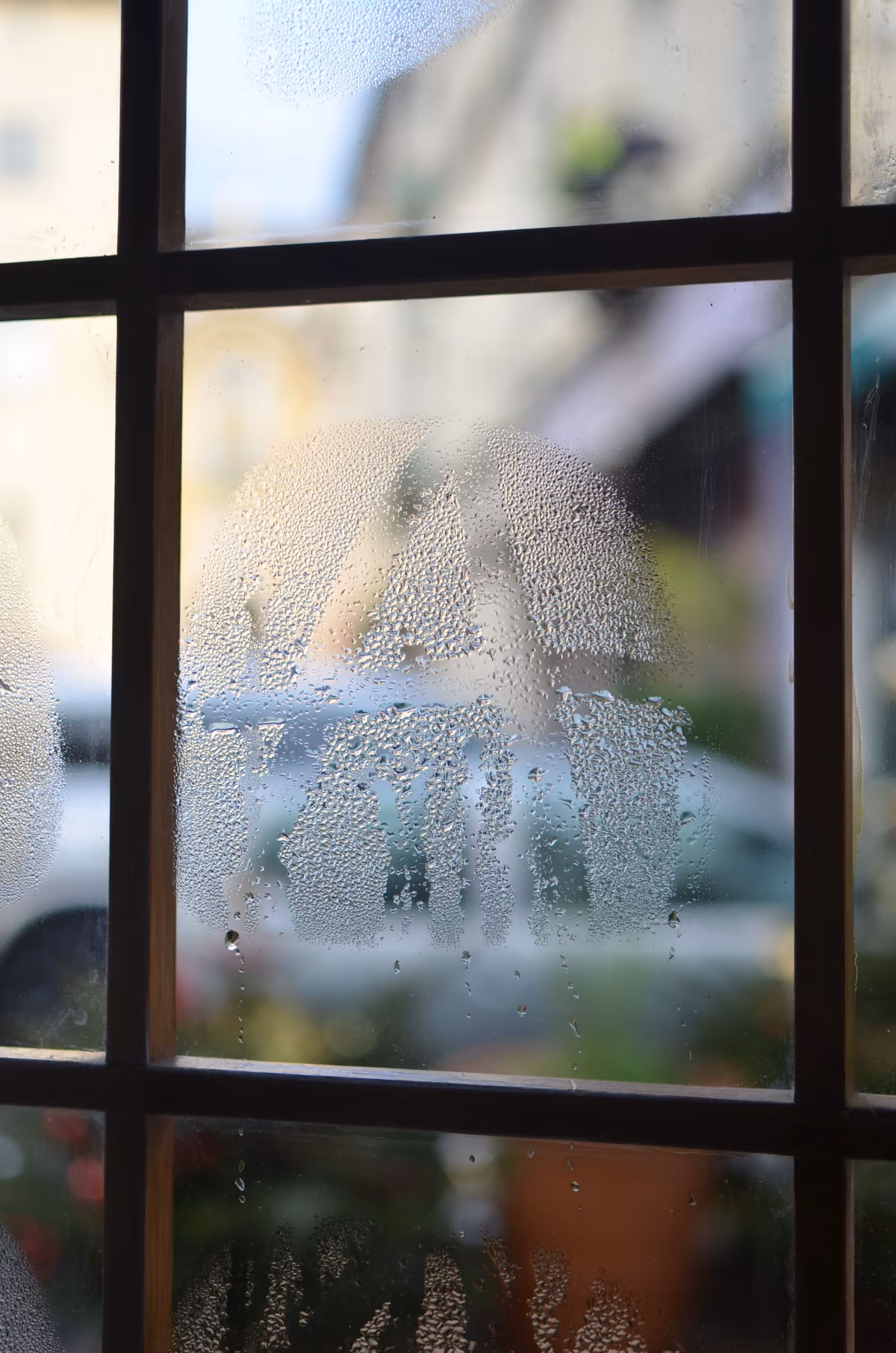 Buée dense et gouttes ruisselant sur le vitrage intérieur d'une fenêtre à petits bois, condensation vue depuis la pièce