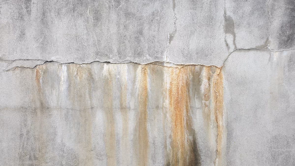 Coulures brunes et rouille descendant verticalement sous une fissure horizontale de façade, trace d'infiltration au contour marqué