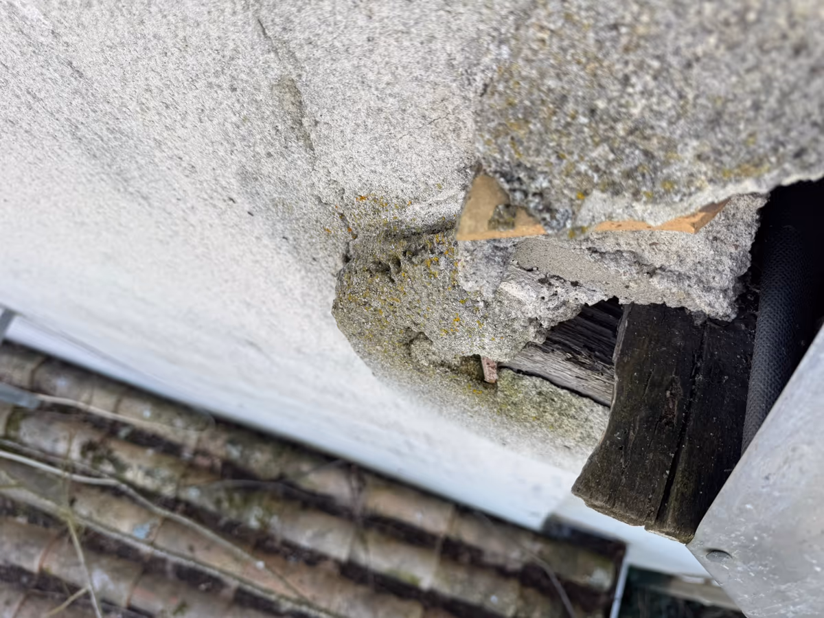 Jonction entre un mur enduit et une couverture en tuiles : l'enduit qui fermait le raccord a éclaté et laisse voir l'about noirci d'une pièce de bois de la charpente