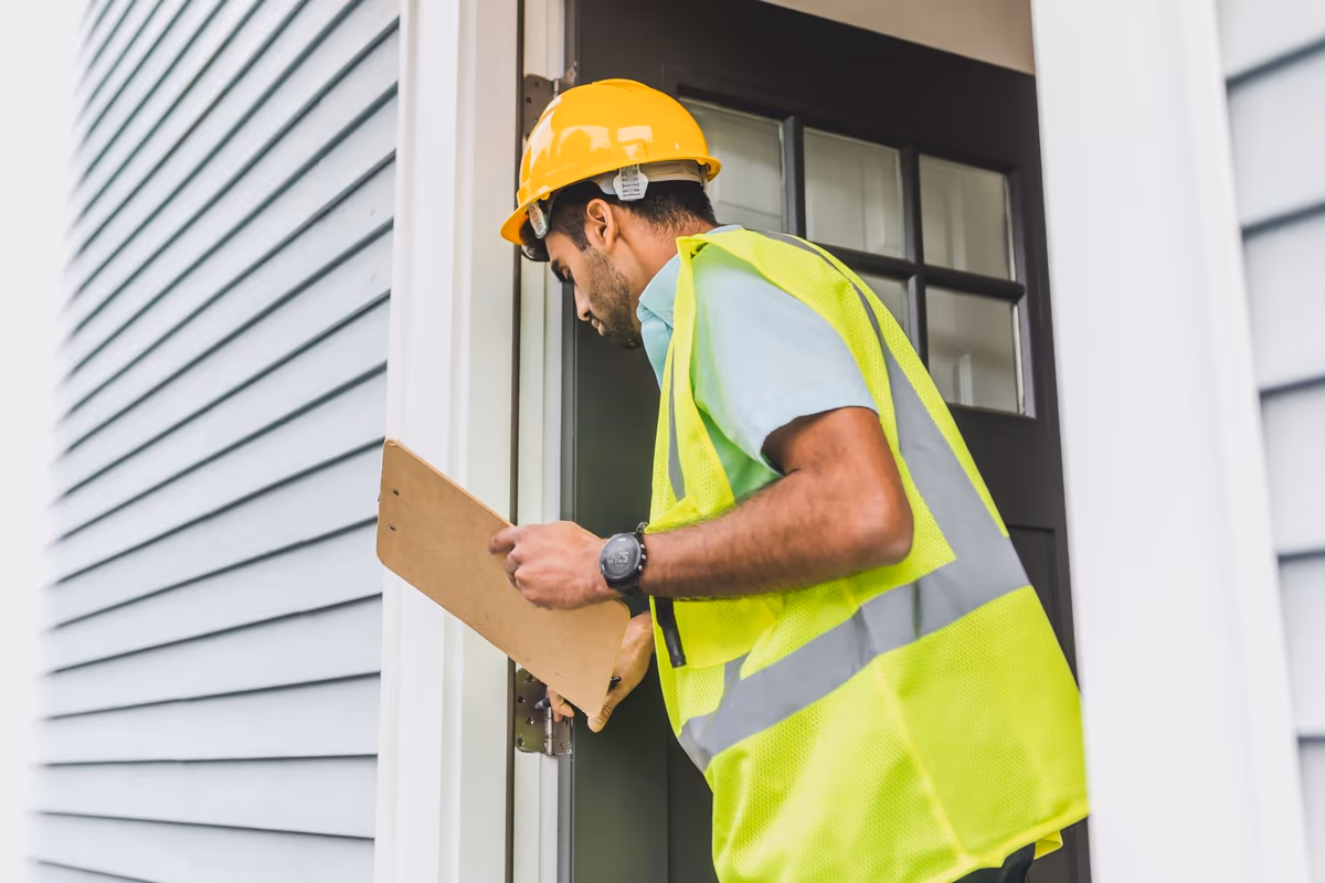 Professionnel du bâtiment en constat sur site, examinant l'encadrement d'une porte d'entrée de maison, relevé en main